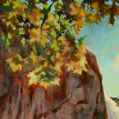 Close-up of glowing yellow-green leaves on a branch with distant rock wall and waterfall behind from Trail of Wonder, Yosemite artwork.
