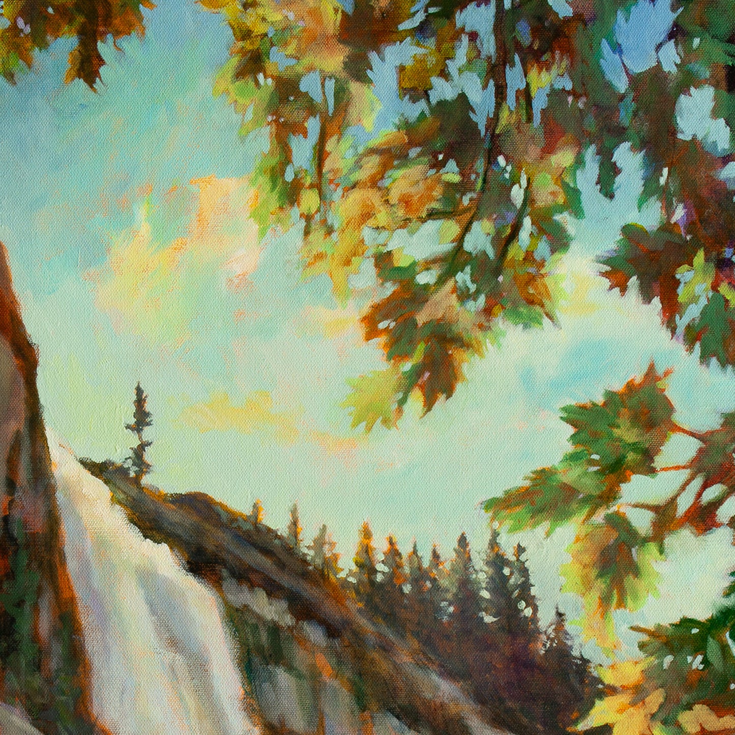 Detail of rushing white water at the top of Nevada Fall, tan rocks, evergreens, and blue sky with clouds from Trail of Wonder by Martina Goulart.