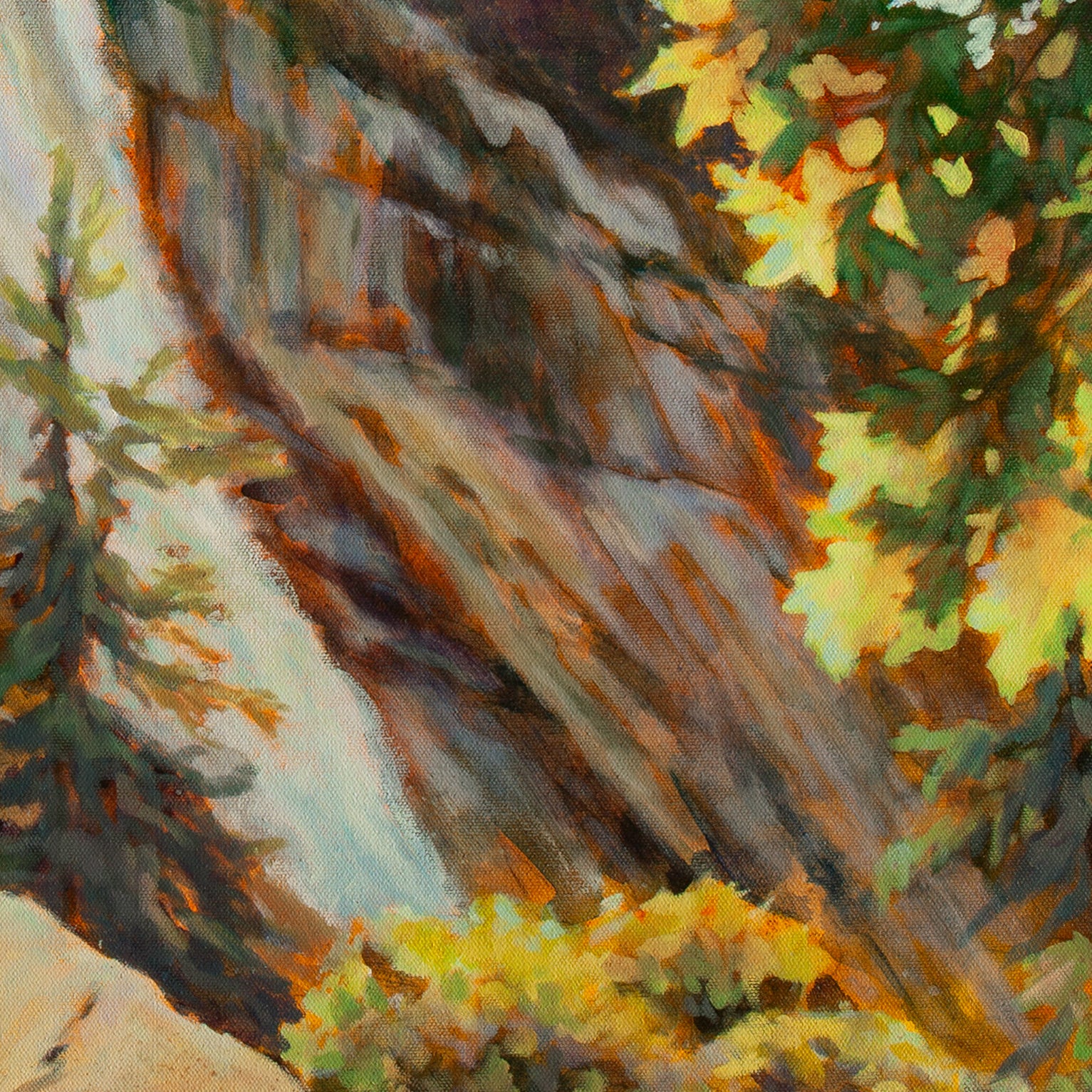 Close-up of white water rushing below tan and blue cliffs with green bushes and yellow-green leaves from Trail of Wonder, Yosemite painting.