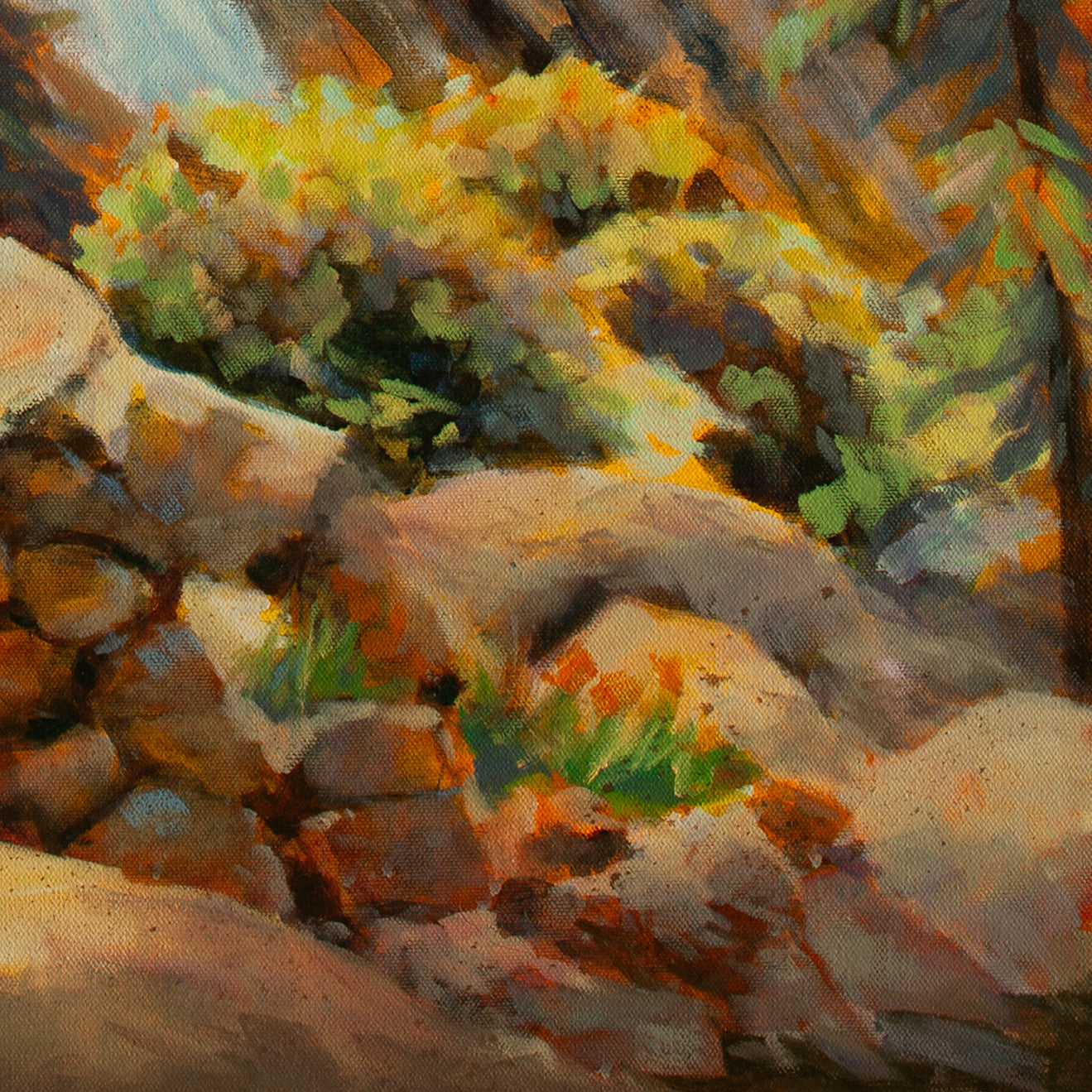 Detail of tan, orange, and yellow boulders along the trail with soft blue shadows and sunlit bushes from Trail of Wonder, Yosemite art.