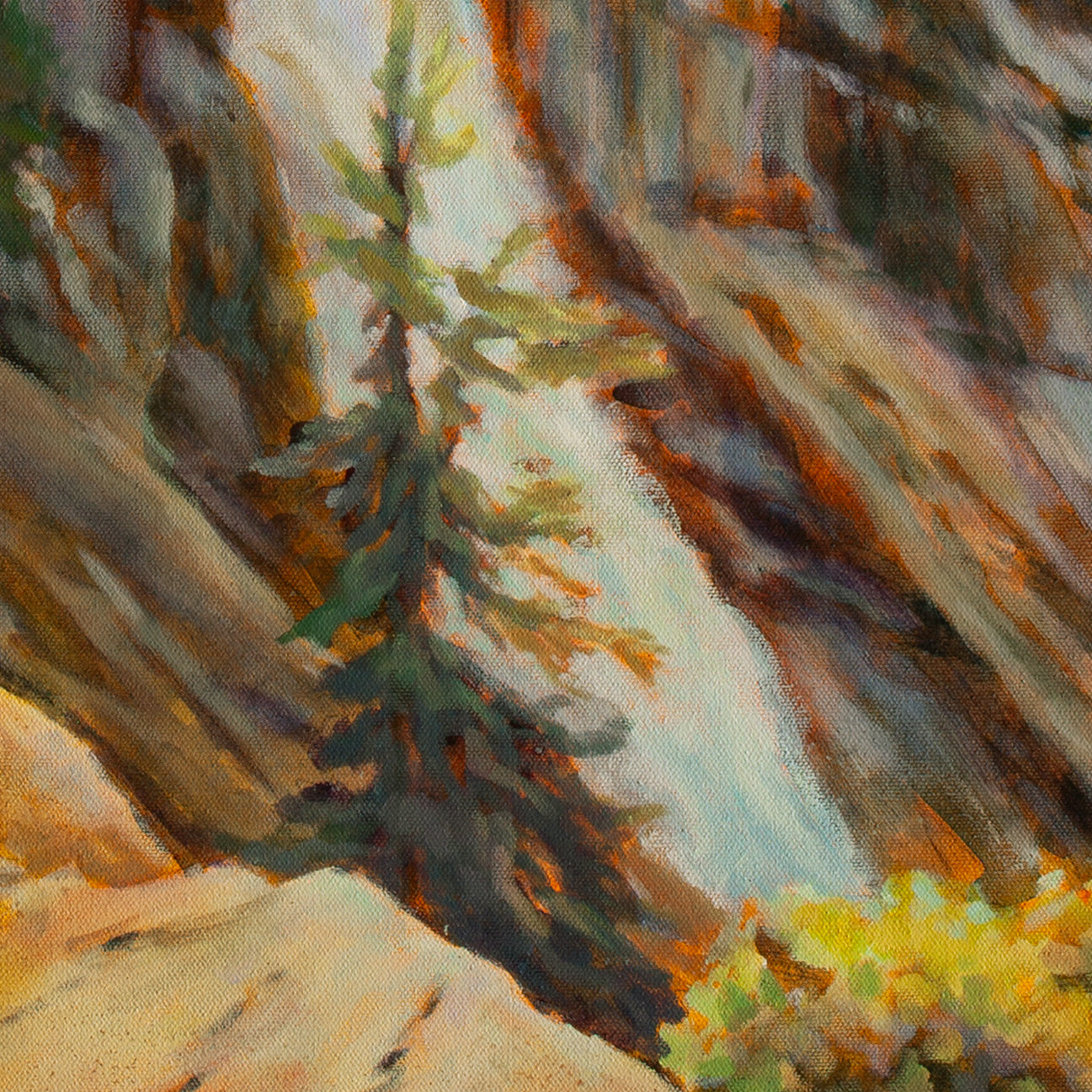 Close-up of waterfall framed by dark tan rock walls and a small conifer tree in front from Trail of Wonder, landscape painting by Martina Goulart.