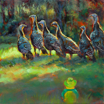 Original painting of six turkeys walking on sunlit green grass with golden and blue-purple feathers, watched by a duck in a hat, by Martina Goulart.