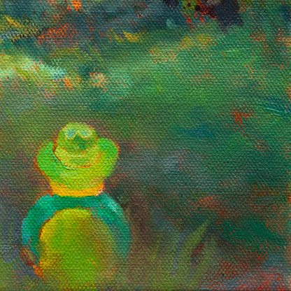 Close-up of a yellow duck in a green hat and shirt seen from behind, watching the turkeys from Sun March by Martina Goulart.