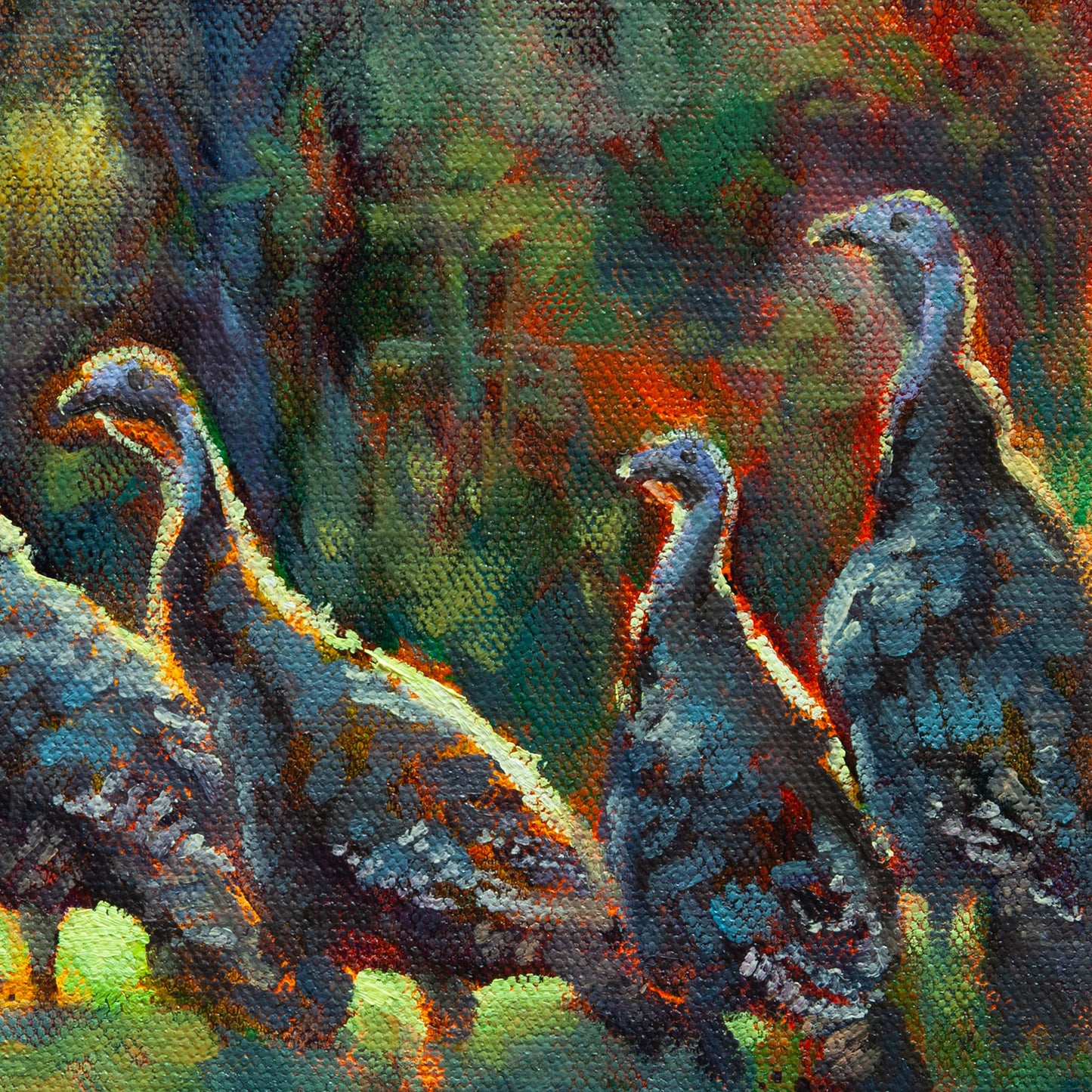 Detail of sunlit turkeys with blue-gray feathers and golden highlights against a forest background from Sun March, wildlife art.