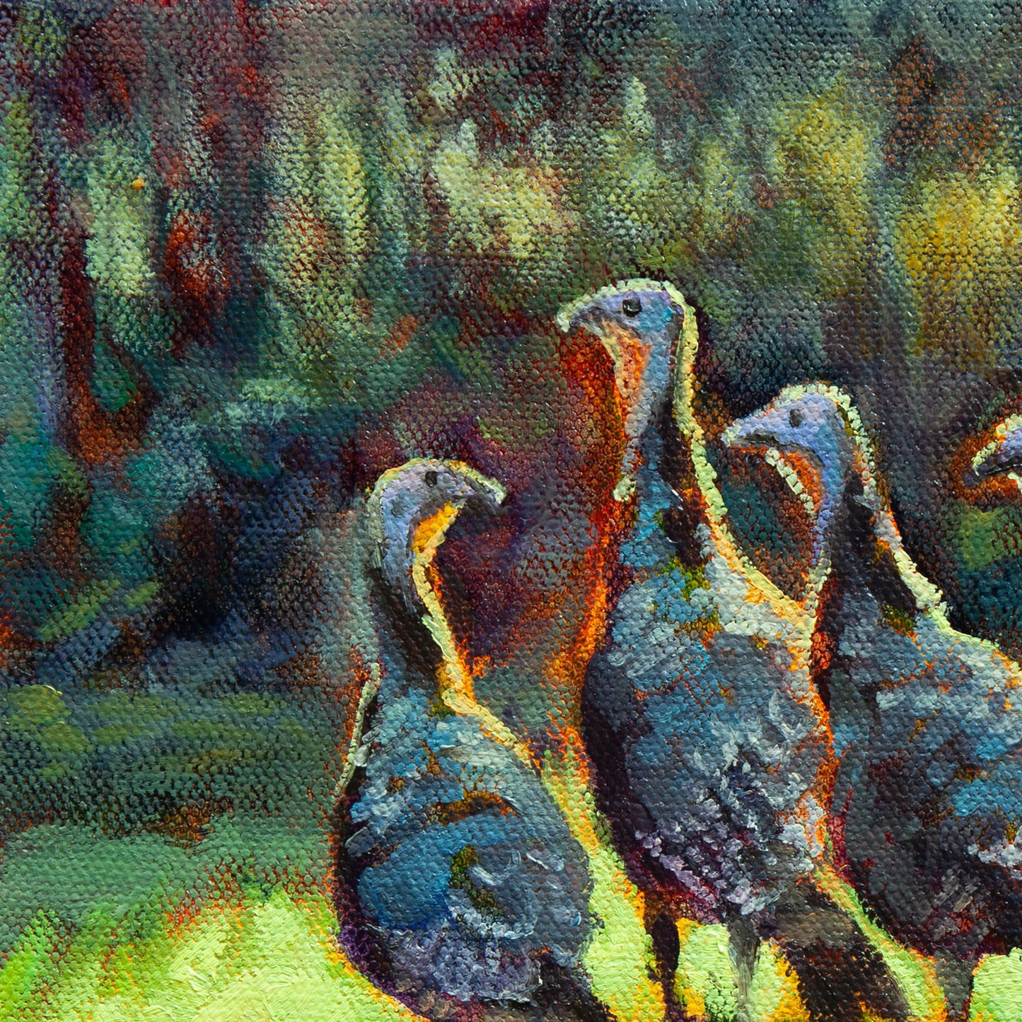 Close-up of turkeys walking through yellow-green grass with distant bushes and forest from Sun March, wildlife painting by Martina Goulart.
