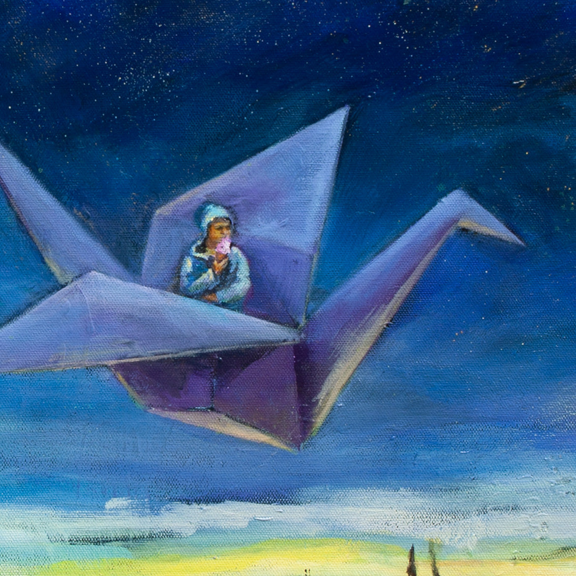 Close-up of a purple paper crane glowing with yellow light, child in blue jacket licking ice cream against a deep blue night sky.