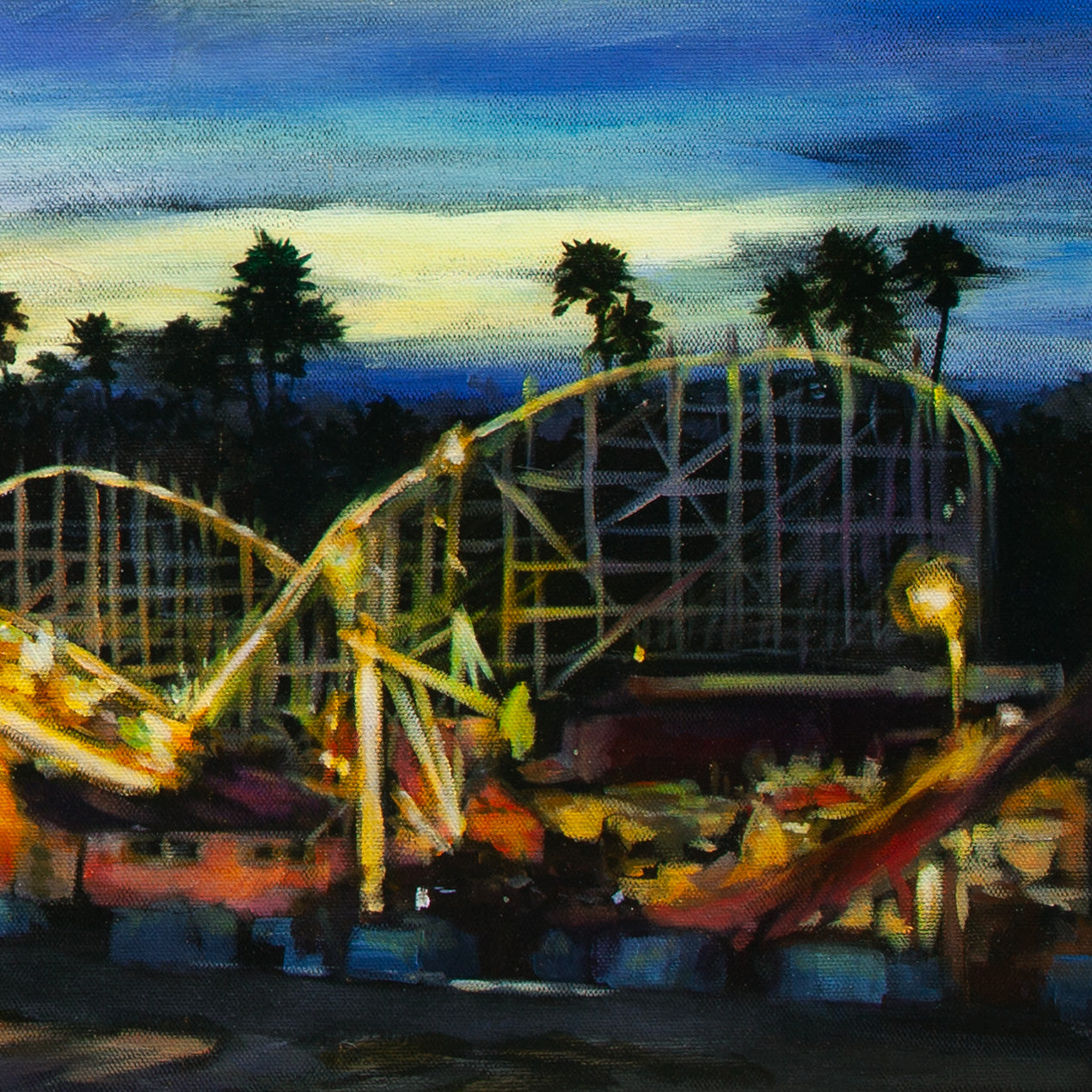 Detail of roller coaster lights glowing in sunset sky with palm tree silhouettes behind from Voyage of the Paper Crane by Martina Goulart.