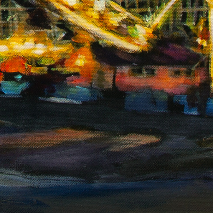 Close-up of pink house with glowing yellow-orange lights, reflections of red, orange, and blue on wet sand from Voyage of the Paper Crane.