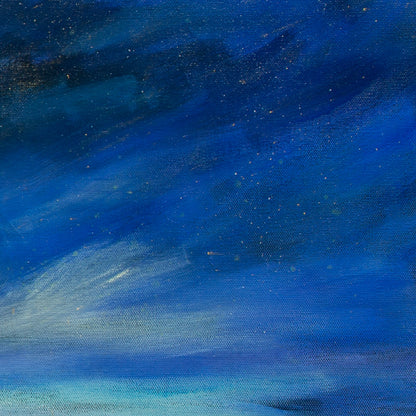 Close-up of marine blue, teal, and deep blue sky with light yellow brushstrokes showing soft glow from Voyage of the Paper Crane, coastal art.