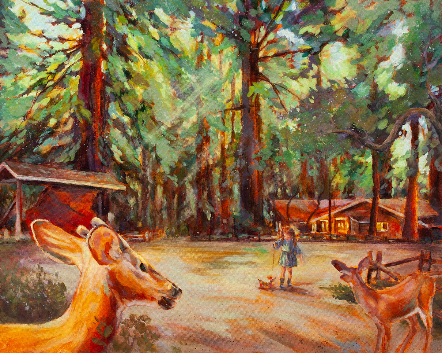 Original redwood forest painting of a girl in a blue dress walking a wooden dog toy with deer nearby under sunlit trees and glowing forest light.