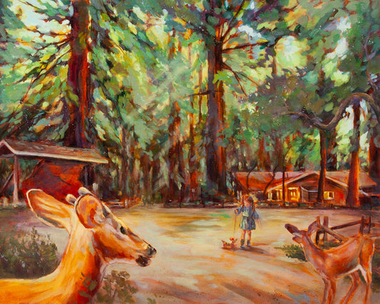 Original redwood forest painting of a girl in a blue dress walking a wooden dog toy with deer nearby under sunlit trees and glowing forest light.