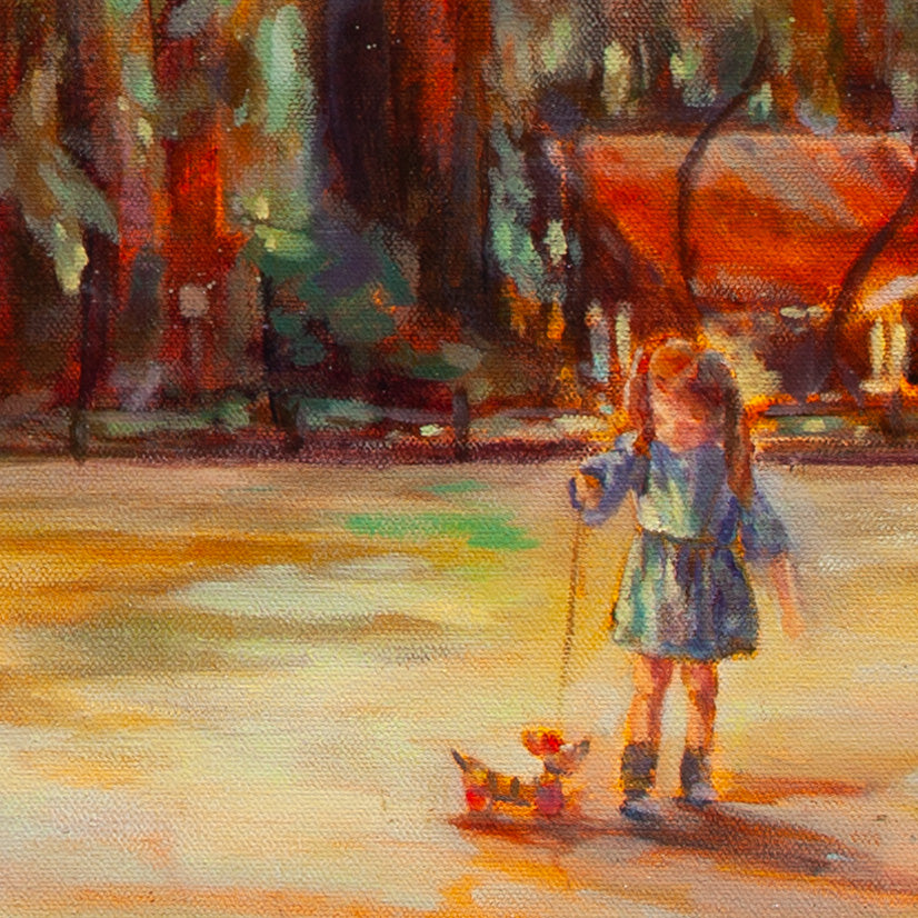 Detail of girl in blue dress walking wooden dog toy along sunny tan path with forest trees behind from Walking the Dog, redwood forest painting.