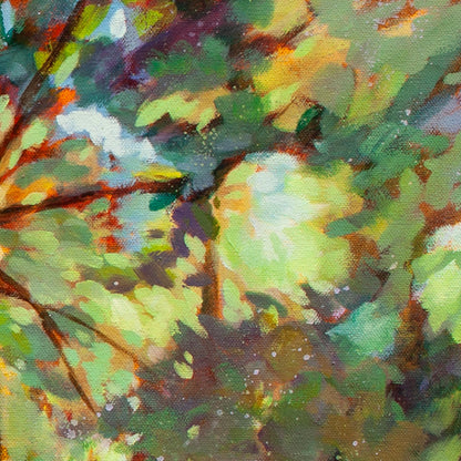 Close-up of tree crown with green leaves and branches catching sunlight from Walking the Dog, redwood forest artwork.