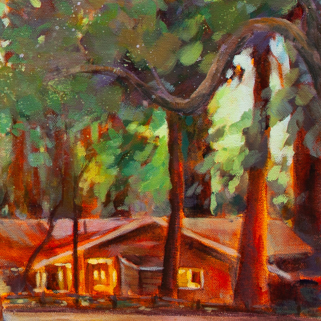 Detail of red-brown cabin surrounded by green trees and golden forest light from Walking the Dog, Henry Cowell Redwoods painting.