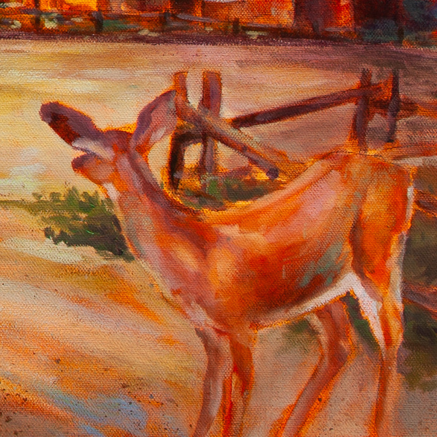 Close-up of deer with orange-brown fur looking back across tan forest floor from Walking the Dog, nature painting by Martina Goulart.