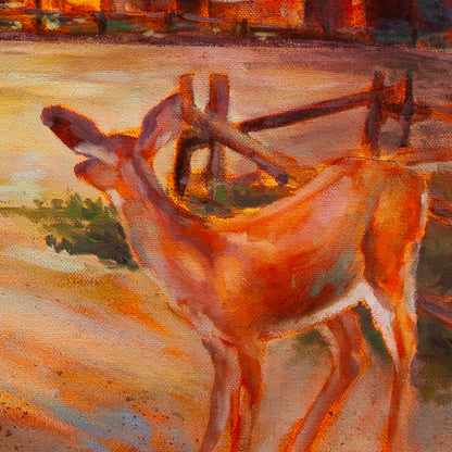 Close-up of deer with orange-brown fur looking back across tan forest floor from Walking the Dog, nature painting by Martina Goulart.
