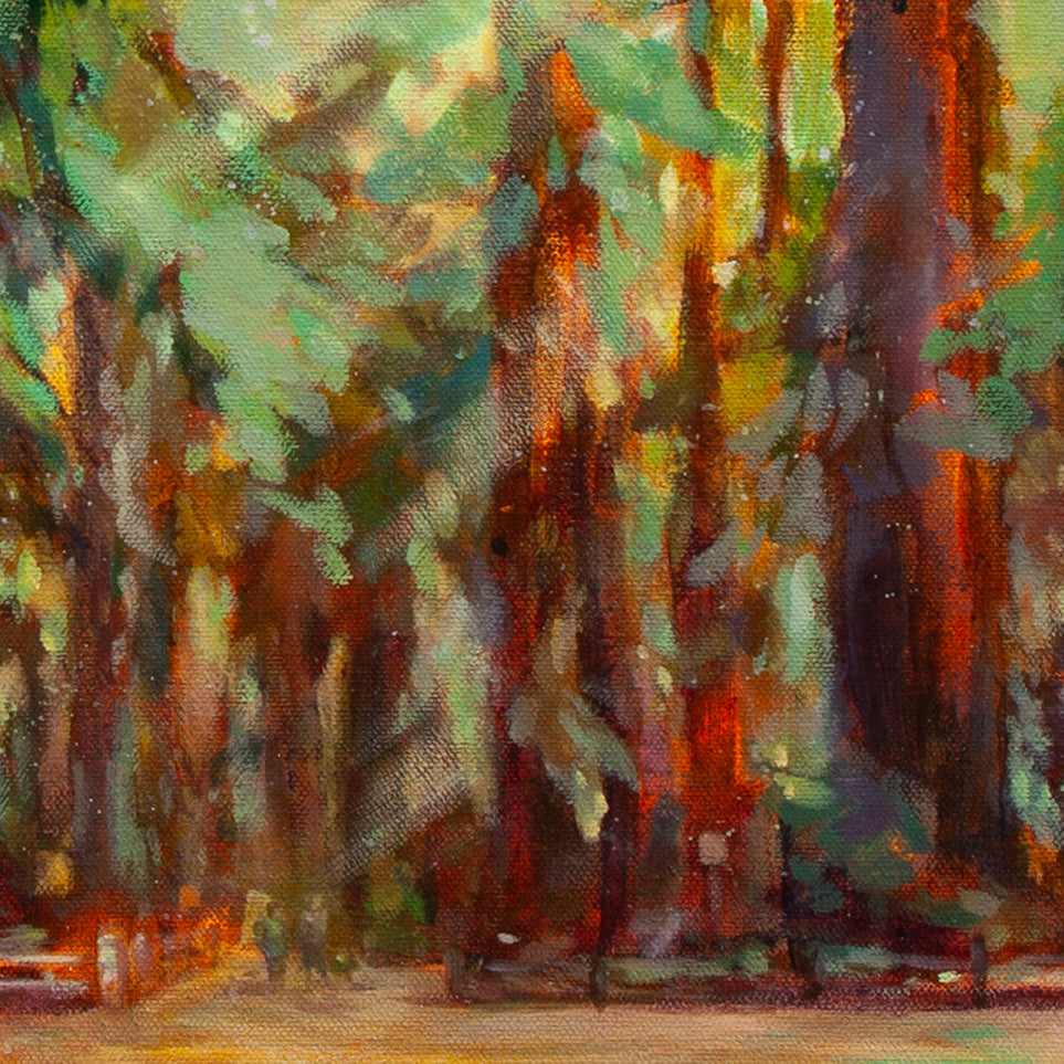 Detail of sun filtering through golden-brown and green forest interior from Walking the Dog, California redwood forest painting.