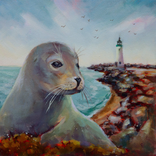 Oil painting of a young seal resting by the Santa Cruz Harbor with Walton Lighthouse in the background, soft pastel sky, and cool blue-green ocean tones.