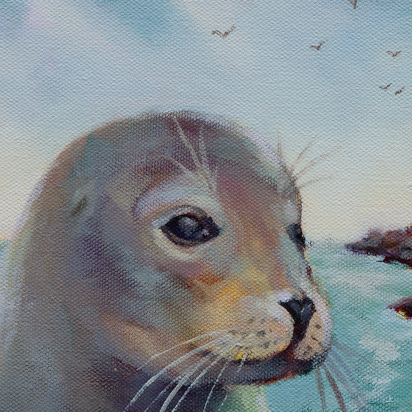 Close-up of the seal’s face in soft pastel light, with detailed whiskers, gentle lavender and teal shadows, and a calm expression against the pale blue sky.