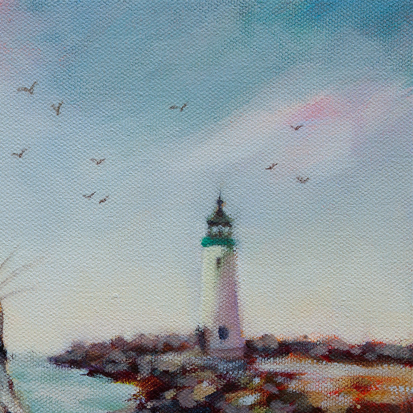 Close-up of Walton Lighthouse under a soft pastel sky with small birds flying above, painted in light blues, pinks, and warm coastal tones.
