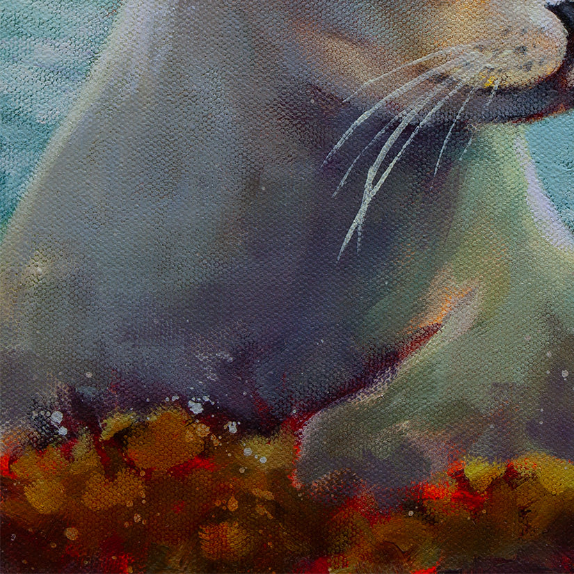 Close-up of the seal’s neck and chest painted in muted purples, teals, and warm golds with expressive brushstrokes and textured canvas detail.