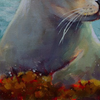 Close-up of the seal’s neck and chest painted in muted purples, teals, and warm golds with expressive brushstrokes and textured canvas detail.