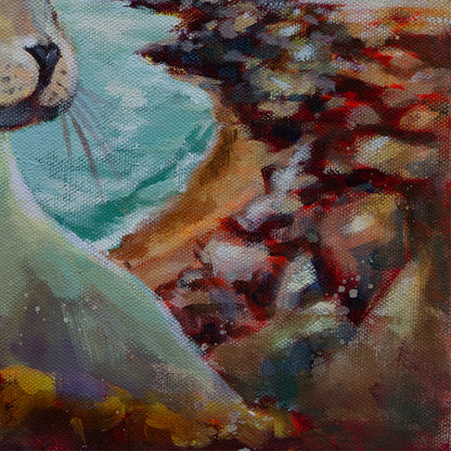 Close-up of turquoise water meeting the rocky shoreline, painted with layered brushstrokes in warm reds, browns, and soft cool tones.