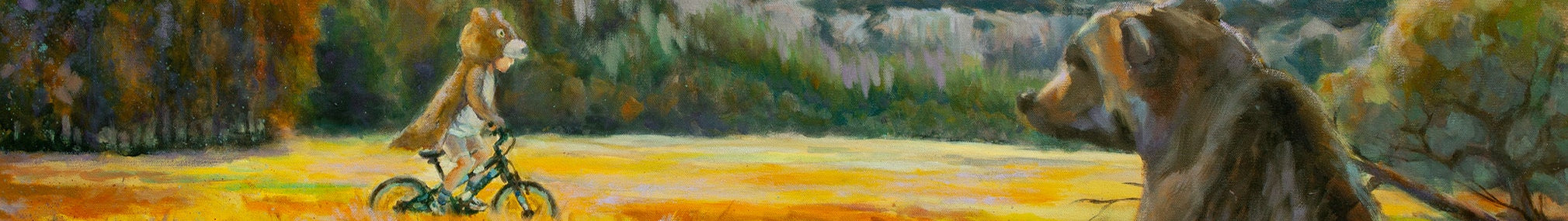 Painting of a bear and cub in a natural landscape with mountains and a cyclist.