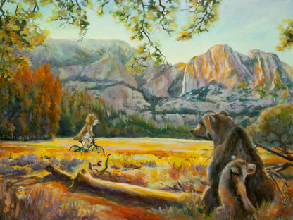Original Yosemite painting of a child in a bear costume riding a bike through golden meadow watched by bears with cliffs, waterfall, and blue sky behind.