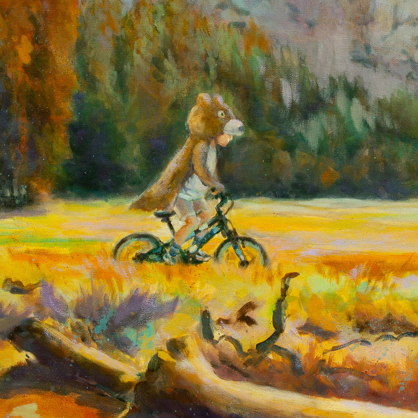 Close-up of a child in a bear costume biking through yellow-orange meadow with fallen log and green trees from Wearing the Wild, Yosemite painting.