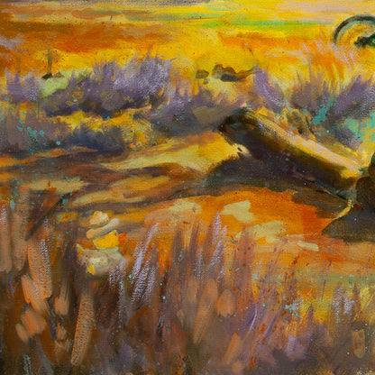 Detail of log and sunlit path with expressive brushstrokes in oranges, yellows, and purples from Wearing the Wild by Martina Goulart.