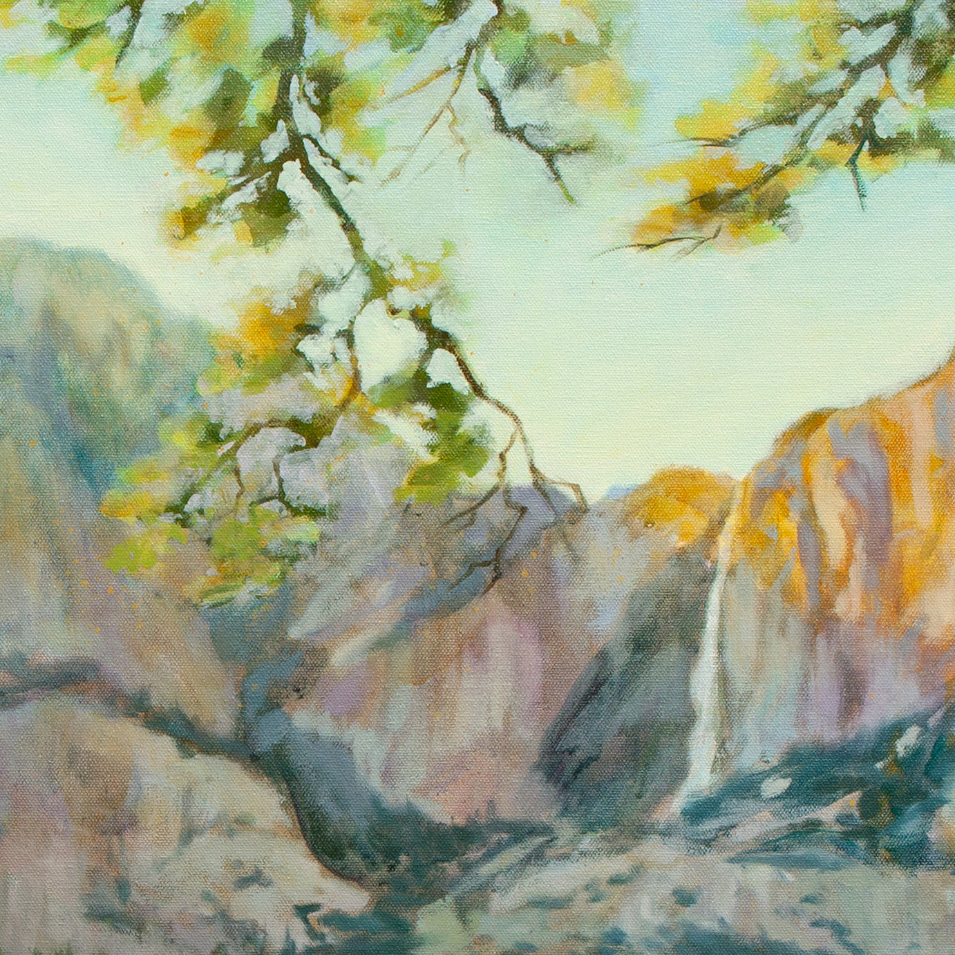 Detail of Yosemite Fall with glowing yellow-orange rocks and violet-blue shadows framed by leafy branch from Wearing the Wild, Yosemite painting.