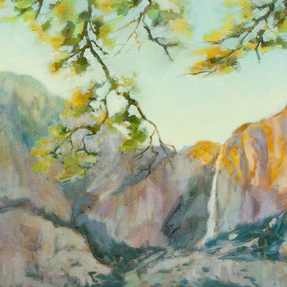 Detail of Yosemite Fall with glowing yellow-orange rocks and violet-blue shadows framed by leafy branch from Wearing the Wild, Yosemite painting.