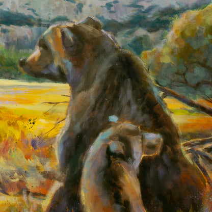 Close-up of mother bear and cub hiding behind her, painted in soft browns with yellow-orange meadow behind from Wearing the Wild, wildlife art.