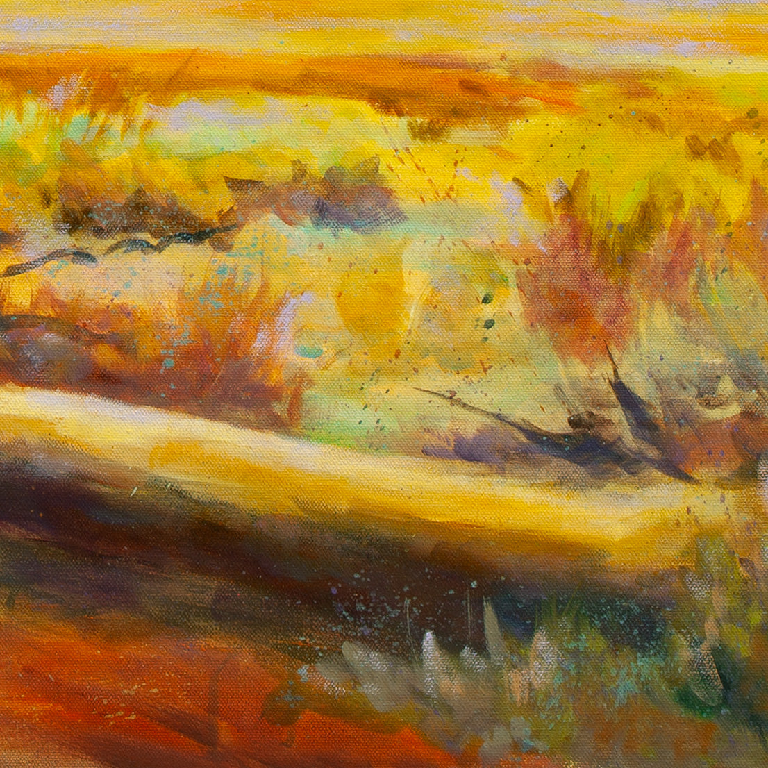 Detail of fallen log and tall yellow-orange grass with expressive brown and red brushstrokes from Wearing the Wild, Yosemite Valley painting.