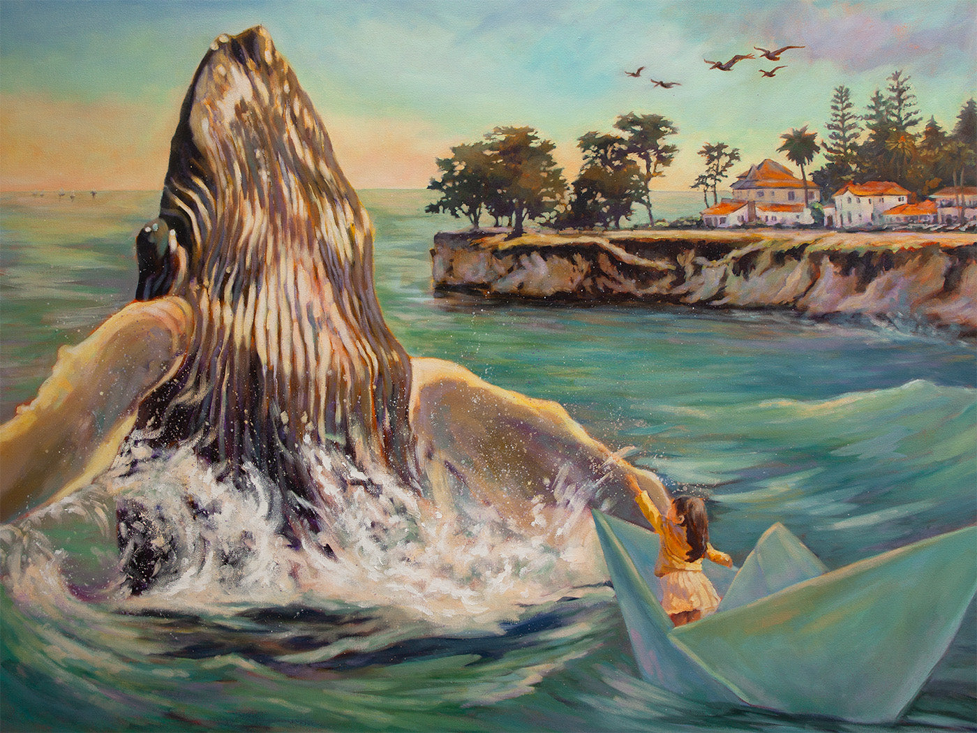 A symbolic painting of a girl in a paper boat reaching toward a breaching whale near the Santa Cruz cliffs, representing hope, courage, and possibility.