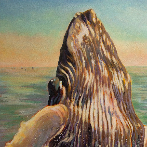 Close-up detail of the breaching whale from the painting Within Reach, showing textured skin and sunlight on the water.