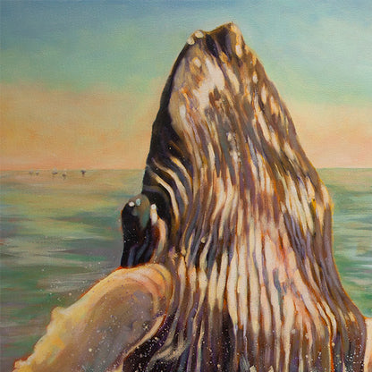 Close-up detail of the breaching whale from the painting Within Reach, showing textured skin and sunlight on the water.