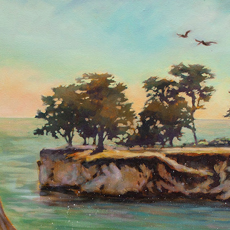 Detail of windswept coastal trees on a cliff above the ocean from the painting Within Reach.