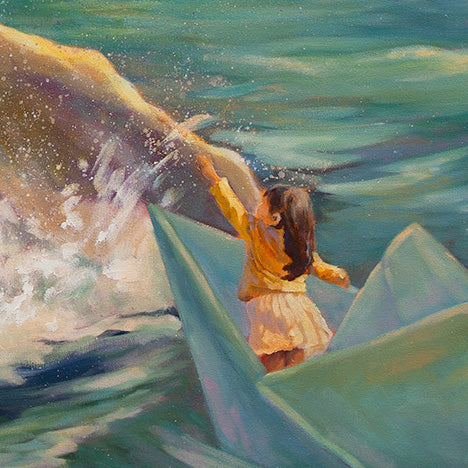 Detail of the girl leaning from a paper boat toward the breaching whale, representing courage and possibility.