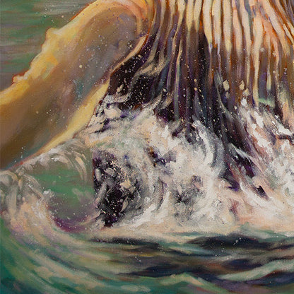Close-up of water spray and movement around the breaching whale from the painting Within Reach.