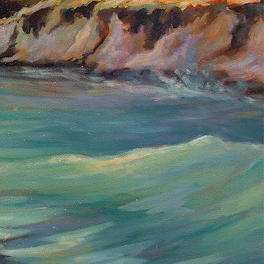 Detail of soft ocean waves and turquoise water near the cliffs from the painting Within Reach.
