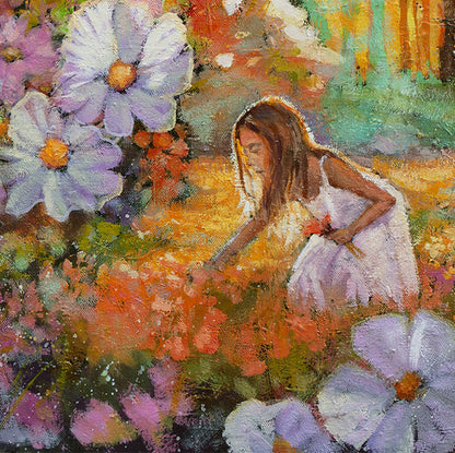 Close-up of a young girl picking flowers in a colorful garden, soft golden light and impressionistic brushwork in an original oil painting.