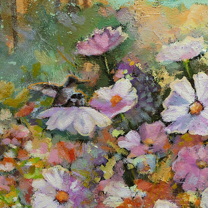 Close-up of a small bird resting among pastel wildflowers, textured oil painting with soft layered colors and nature-inspired detail.