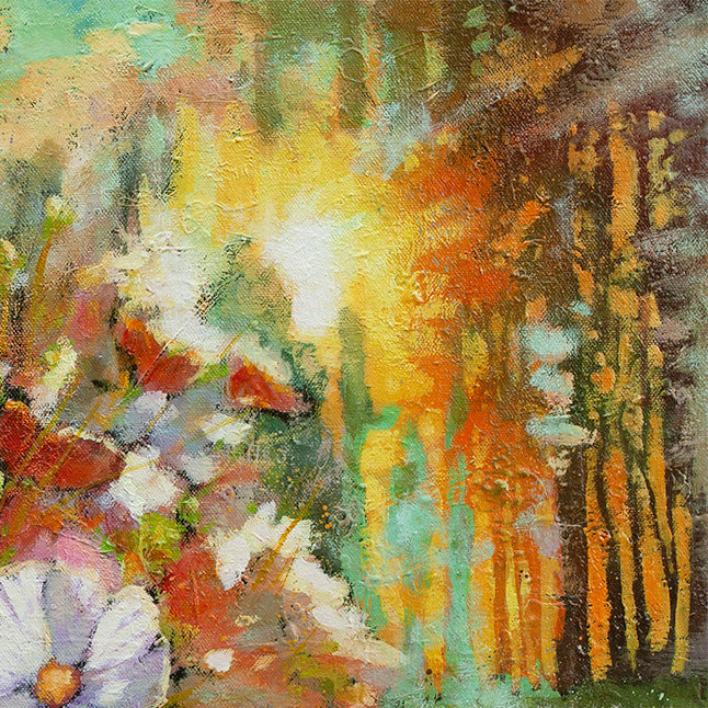 Close-up of glowing sunlight filtering through trees and flowers, expressive brushstrokes and warm tones in an impressionistic oil painting.