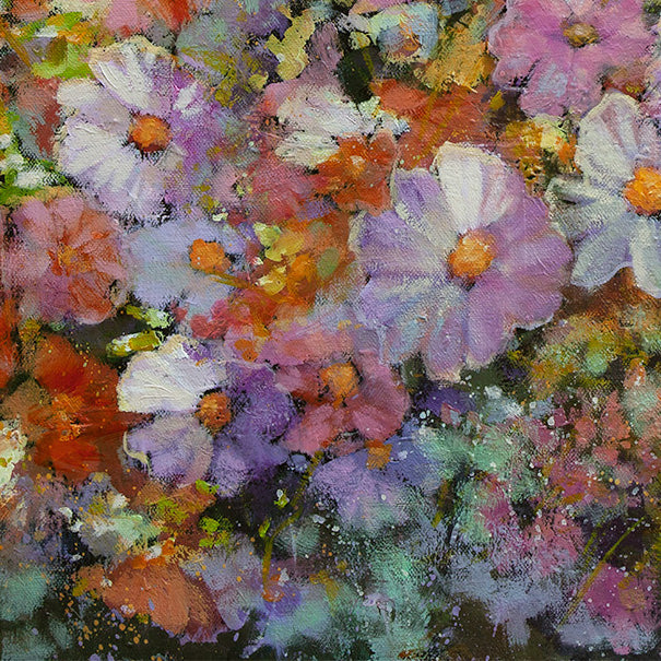 Close-up of vibrant pastel flowers with thick textured brushwork, colorful garden detail in an original oil painting.
