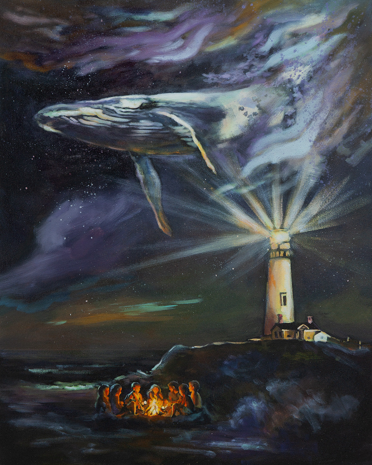 Original painting of Pigeon Point Lighthouse shining over a beach bonfire with children and a whale emerging from the night sky, by Martina Goulart.