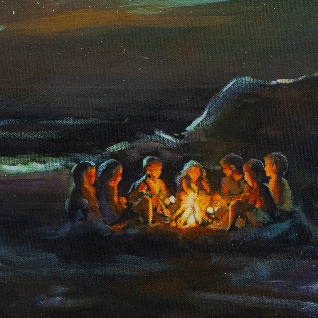Close-up of seven children sitting around a fire, orange light glowing on their faces, cool blue reflections on rocks, dark ocean beyond.