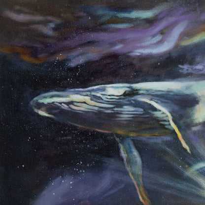 Detail of a whale in soft light blues, dark purples, and expressive orange brushstrokes from When the Night Learnt to Dream by Martina Goulart.