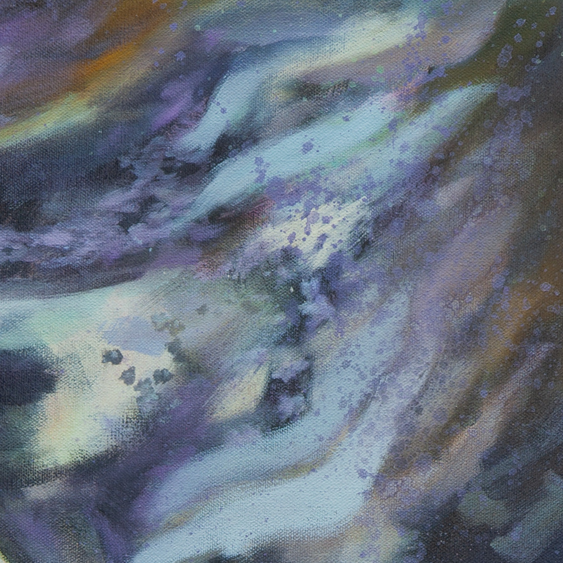 Close-up of expressive light blue, purple, and orange brushstrokes with a dark blue school of fish from When the Night Learnt to Dream.